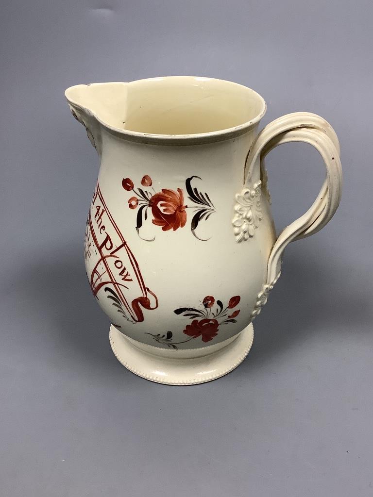 A creamware 'God Speed The Plow' jug, c.1780, height 13cm